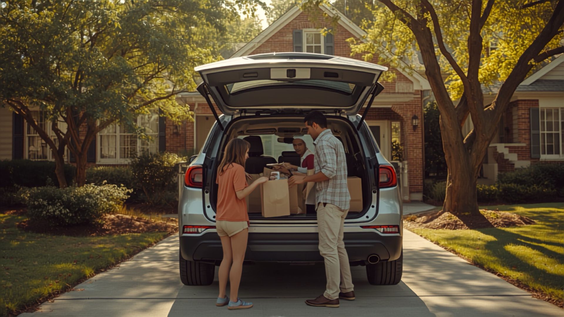 Family loading an SUV in their driveway
