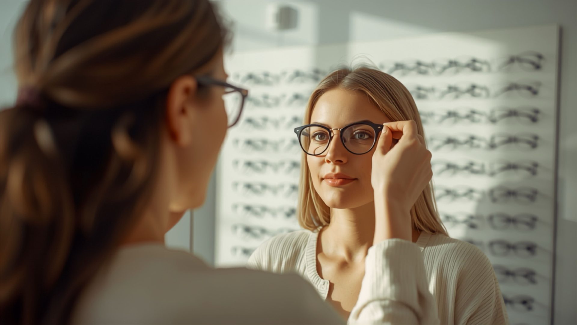 Trying on eyeglass frames at an optician